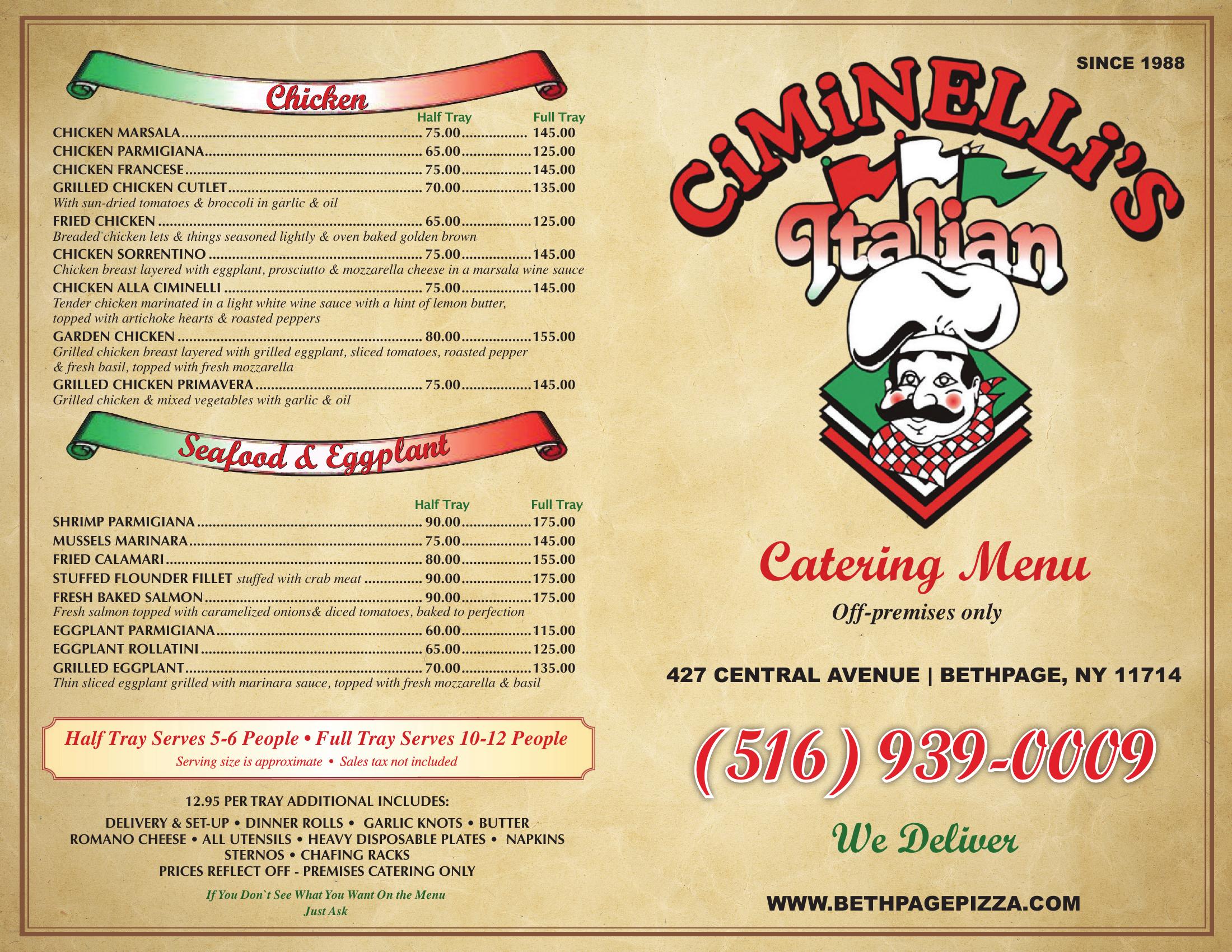 Ciminelli's off-premises catering menu with chicken, seafood, eggplant tray pricing and delivery details