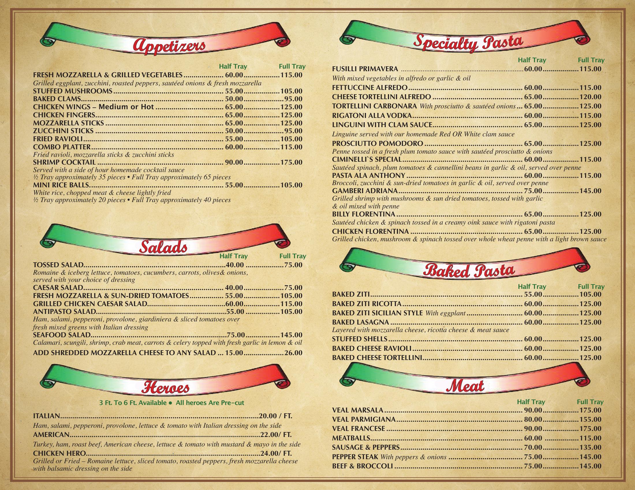 Ciminelli's off-premises catering menu with appetizers, salads, heroes, specialty pasta, baked pasta, and meat tray pricing