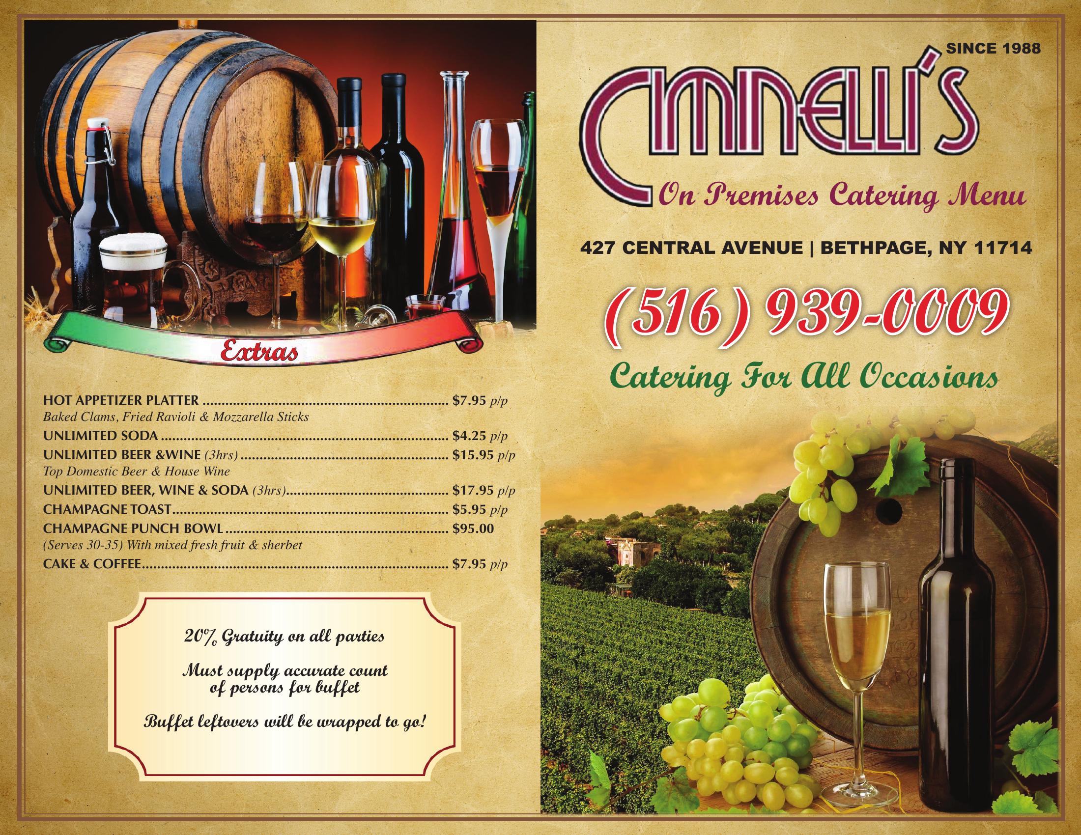 Ciminelli's on-premises catering cover with extras pricing, beer and wine packages, and event policies