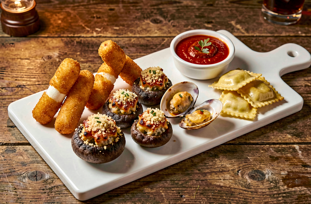Italian appetizer platter with mozzarella sticks, stuffed mushrooms, and fried ravioli