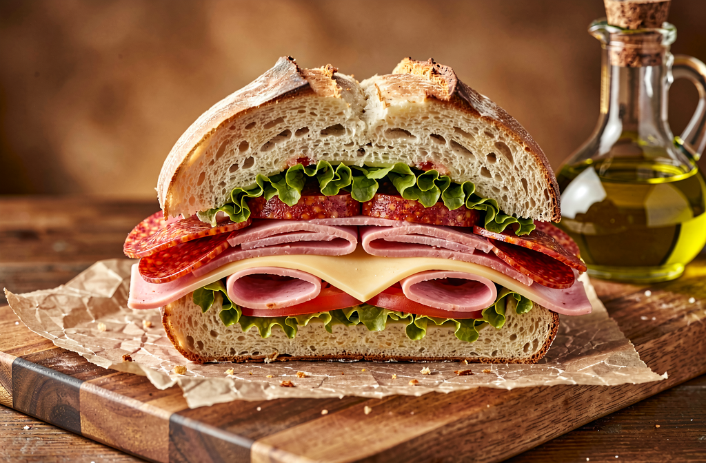 Large Italian hero sandwich cross-section showing layers of ham, salami, and provolone