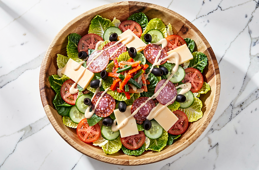 Fresh Italian antipasto salad with mixed greens, salami, provolone and olives
