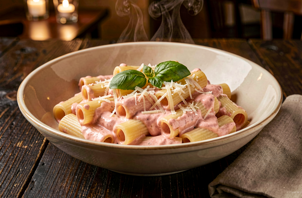 Rigatoni alla vodka in a ceramic bowl with fresh basil and parmesan